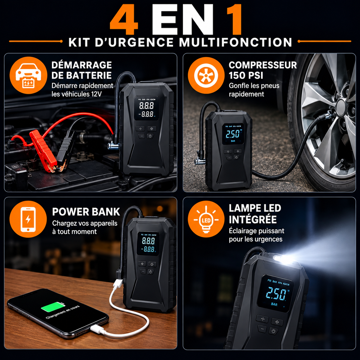 🎁 1 DÉMARREUR & GONFLEUR 4-EN-1 + 2 CADEAUX AUTO OFFERTS !